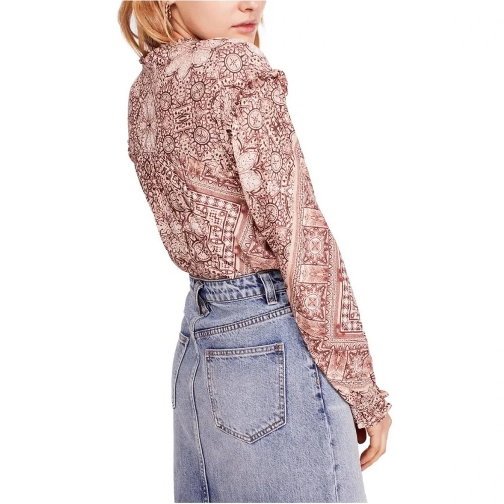 Free People Little Runaway Peasant Blouse Sand Combo Boho Neutral Brown Small
